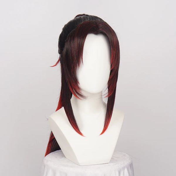 Perruques synthétiques Kokushibou Cosplay noir rouge ombré queue de cheval résistant à la chaleur Halloween + bonnet de perruque