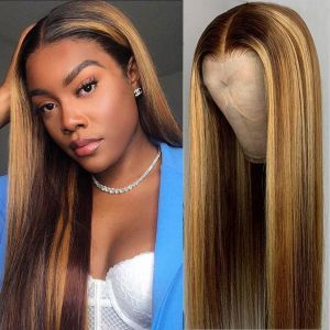 Perruques synthétiques de longueur moyenne de cheveux droits gradient de gradient de synthèse pour les femmes mécanisme complet perruque ombre brun-perruque 1 pièce cheveux