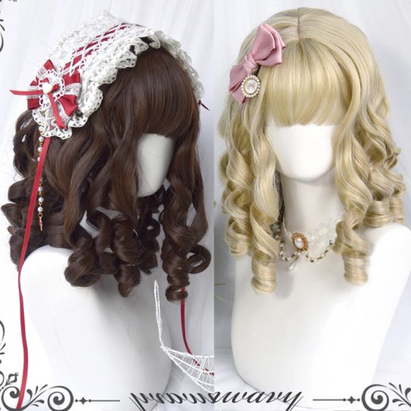 Perruques synthétiques cheveux courts rétro ondulés fille frange perruque brun doré Lolita Cosplay perruque fête perruque