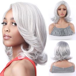 Perruques synthétiques courtes argentées blanches ondulées fibre synthétique de haute qualité moelleux femmes perruque de cheveux naturels encourager le bricolage