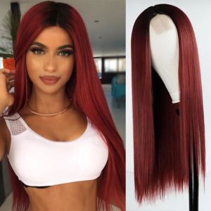 Perruques Wig Synthétique Long Right Hair Wig Vin Red Madies Natural Hand Middle Heatresistant Fibre Daily Wig