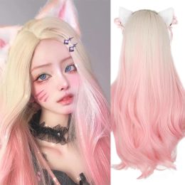 Pelucas Peluca sintética Peluca Larga Ondulada Peluca Dorada Ombre Peluca Rosa Mujer Ahri KDA Cosplay Peluca de Fibra de Alta Temperatura de Pelo Natural Medio