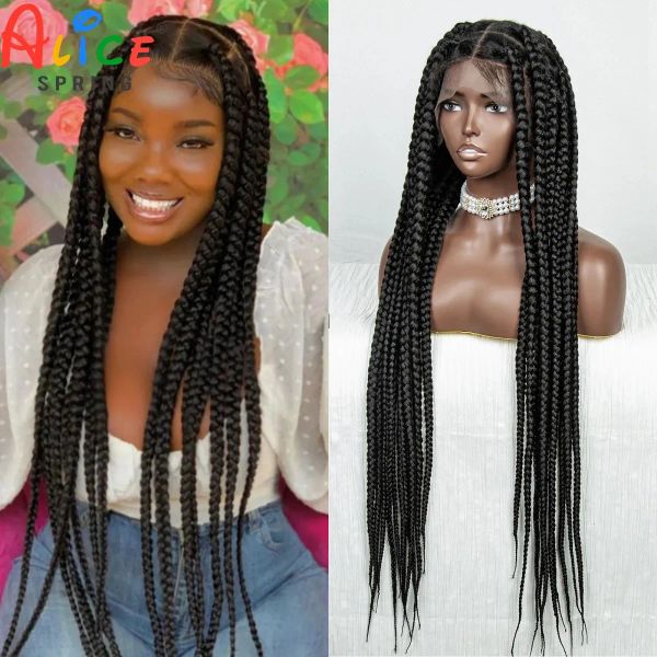 Perruques Wig synthétiques de 36 pouces de long perruques tressées en dentelle synthétique perruque avant nouée tresses tresses perruque en dentelle complète pour les femmes noires torro cornro