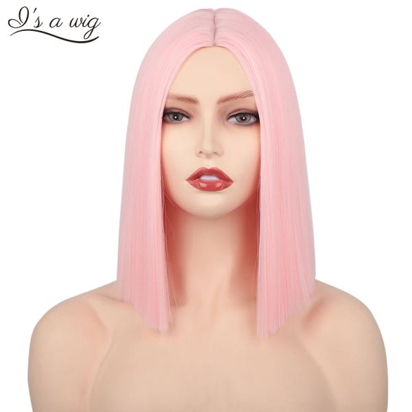 Pelucas Pelucas sintéticas para Mujer Peluca Rosa Mujer Peluca Corta Recta Bob Parte Media Amarillo Azul Púrpura Rubio Blanco Traje Cosplay Cabello