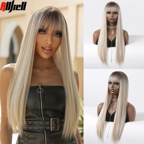 Pelucas Pelucas sintéticas Peluca marrón Rubia Platino Mixta Larga y Recta con Flequillo para Mujeres Cosplay Cabello Falso Diario Fibra de Alta Temperatura