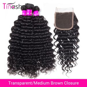 Perruques Tinashe Hair Brésilien Bundles à vagues profondes avec fermeture HD Fermeure de dentelle transparente Remy Cheveux humains bouclés 3 faisceaux avec fermeture
