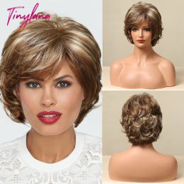 Perruques minuscules lana brun blonde saillance bob perruque avec frange latérale courte curly synthétique perruques pour les femmes cosplay résistante à la chaleur