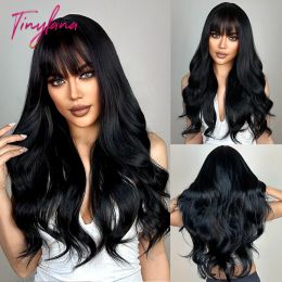 Perruques minuscules lana naturel noir long wavy wig perruque synthétique avec frange pour femmes vagues corporelles perruques brun foncé cosplay