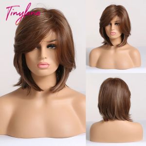 Pruiken Tiny Lana Synthetisch haar Bob -pruik met zijrand gemengde bruine kleur Natuurlijke haarlijn hittebestendige werkfeestpruik voor vrouwen
