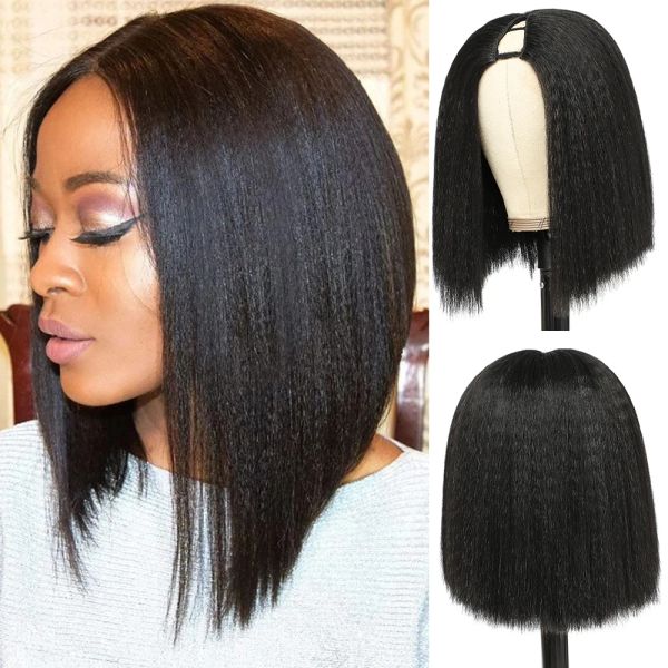 Perruques V Part courte Bob perruque cheveux synthétiques perruques Yaki droite U partie cheveux résistant à la chaleur perruques pour les femmes noires perruques quotidiennes 816 pouces