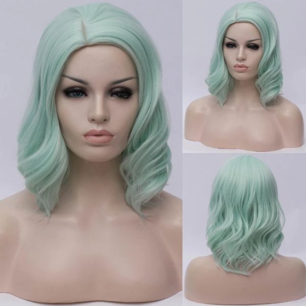 Pelucas Vicwig Wig Femenina Cabello rizado Cabello verde Cazas de cosplay sintética para mujeres Pink Style Bob Part Middle Looking Wig