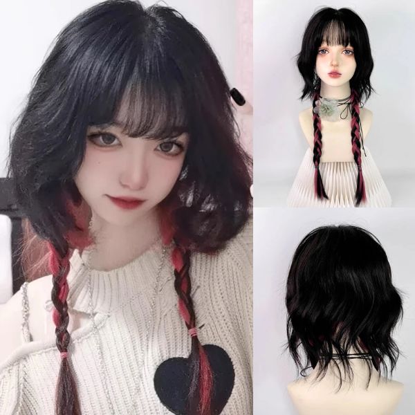 Perruques Vicwig ombre Black Red Long Wig Synthetic Wig Femmes Jellyfish Natural Cosplay Lolita Wigs With Bangs Hair for Daily Party