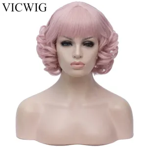 Pelucas Vicwig Wigs cortos y rizados con flequillo Pink Black Grey Cosplay Cosplay Pelera para mujeres Heatresistente