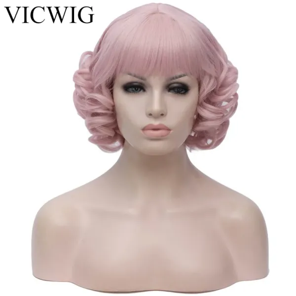 Perruques vicwig courtes courtes bouclées avec une frange perruque de cosplay synthétique gris noir rose pour les femmes heatrésistantes