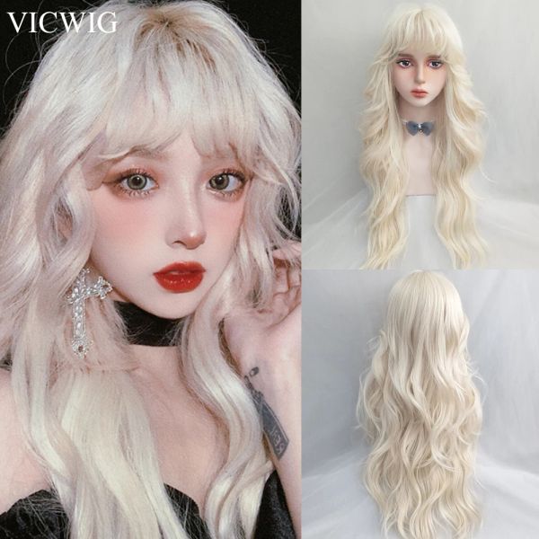 Perruques Vicwig Blonde Blonde Blonde ondulée Wig Wig Long Synthetic Women Cosplay Lolita Natural Hair Wig résistant à la chaleur pour la fête quotidienne