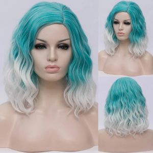 Pruiken vicwig vrouw tweekleurige korte synthetische pruiken gradiënt wit blauw golvende ombre haarpruik voor witte vrouwen cosplay bob middelste deel lijn