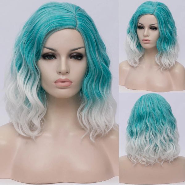 Perruques vicwig femme deux tons courts synthétiques perruques gradient blanc bleu ondule ondule perruque de cheveux pour femmes blanches cosplay bob