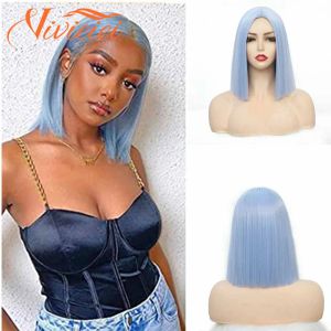 Pelucas VIVIEIEI L Peluca azul Bob Sin flequillo Pelucas cortas de fibra sintética Bob de 12 pulgadas para mujeres Pelucas Bob cortas Peluca Bob Cosplay con una gorra