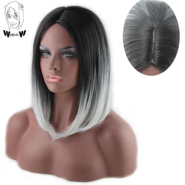 Pelucas caprichosas w ombre bob recto gris negro peluca sintética longitud de los hombros de la parte media del cosplay cabello para mujeres resistente al calor