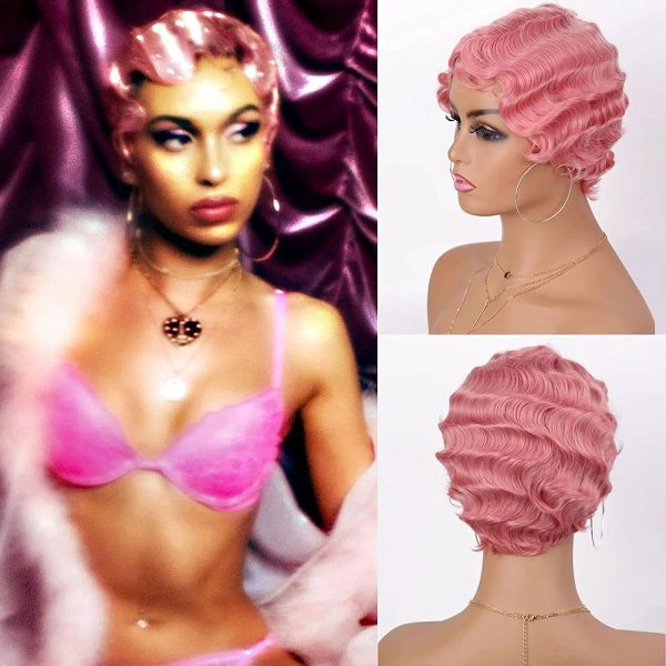 Wigs Wigera Pink Finger Wave Color sintético Camino rizado corto para mujeres NUNA 1920 COSPLAY COSPLAY Fiesta de Halloween Uso diario