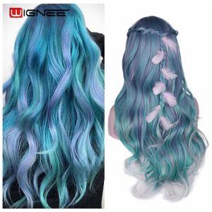 Perruques Wignee Long Wavy Synthetic Wigs Res résistant à la chaleur Mélange du milieu Blue Cosplay Hair For Women African American Natural Party Wigs