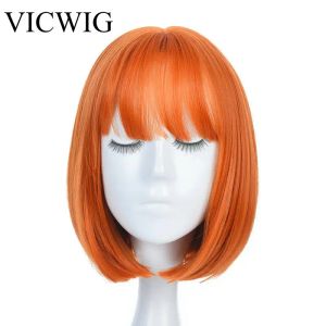 Pelucas Mujeres Naranja corta Cosplay Pelera con flequillo Peinado Bob Pelo resistente al calor Cabello recto sintético