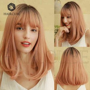 perruques femmes changement progressif rose Qi frange Bobo tête courte cheveux raides matériau de soie haute température application quotidienne 220527
