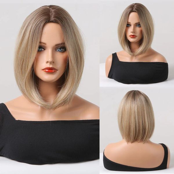 Perruques Femme Perruque Courte BoBo Droite Synthétique Perruques Naturel Blonde Racines Foncées Partie Moyenne Faux Cheveux Quotidien Fête Fibre Résistante À La Chaleur