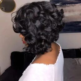 Perruques Femmes courte brun noir mélange perruque ondulée avec partie latérale frange des cheveux naturels perruque synthétique résistante à la chaleur pour les femmes noires direc