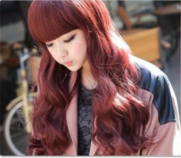 Perruques Woodfestival Bangs Long Wine Red Wig Cosplay Full Bourgogne Wig Curly Res résistant aux perruques synthétiques Hair Natural Femmes