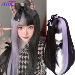 Perruques XiYUE Kuromi Noir Violet Perruque Couleur Assortie Petite Idole Lolita Couches Longues Cheveux Raides