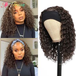 Wigs Xress Water Wave Headband Pruik donkerder Bruine Synthetisch krullend haarpruik 20 inch Glueless Volledige machine gemaakte pruiken voor zwarte vrouwen