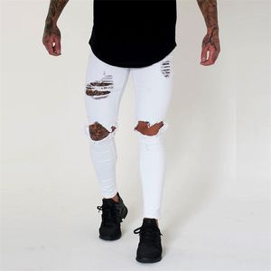 Wihte Hommes Genou Déchiré Trous Maigre Détruit Jeans Mode Slim Fit Hip hop Hommes Streetwear Coton Haute qualité Joggers 220115