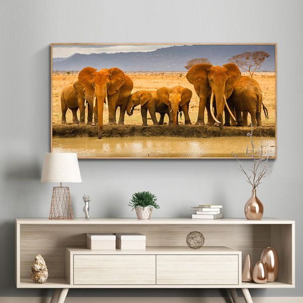 Arte de animales salvajes de África, lago, árbol, paisaje de montaña, pintura en lienzo, carteles e impresiones, Cuadros, cuadro de arte de pared para sala de estar