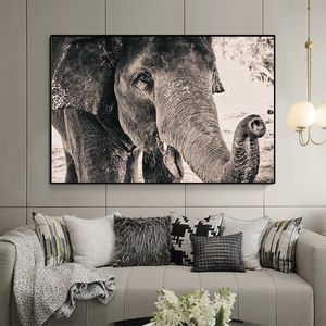Elefante salvaje de África, pintura en lienzo de animales blancos y negros, carteles e impresiones, Cuadros, imágenes artísticas de pared para decoración para sala de estar