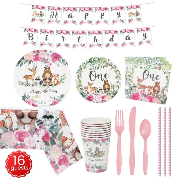 Wild One Jungle Animal Girl's First Birthday Anniversary Party Party Table Varelle Ensemble Plaque en papier Tasse de serviette de paille