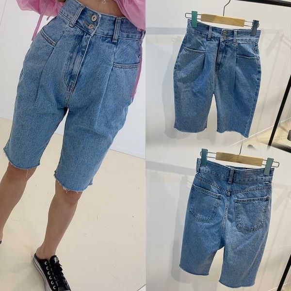 Sauvage Summer Fashion Vintage Plus Taille Taille Haute Taille Deux Boutons Jeans Shorts Longueur Genou Poche Maman Ripped Baggy Denim Pantalon 210610