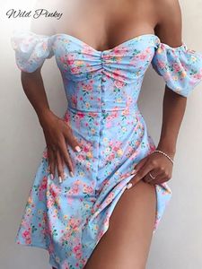 WildPinky Zomer Print Jurk Franse Stijl Bladerdeeg Mouw Bloemen Off Schouder Mini Casual Corset Strapless Vrouwen 240123