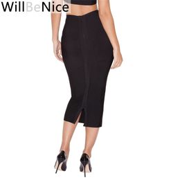 WillBeNice, venta al por mayor, negro, cintura alta, espalda dividida, Sexy, mujer, media pantorrilla, lápiz, rosa, vendaje, falda, Bodycon, faldas Sexy, vendaje 210303