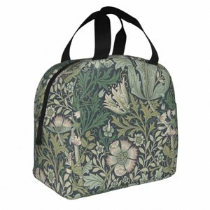 William Morris Vintage Patrón floral Bolsa de almuerzo aislada Bolsa Cooler Planta Verde Bohemia FR Portable Lunch Box Tote Viajes V01X#