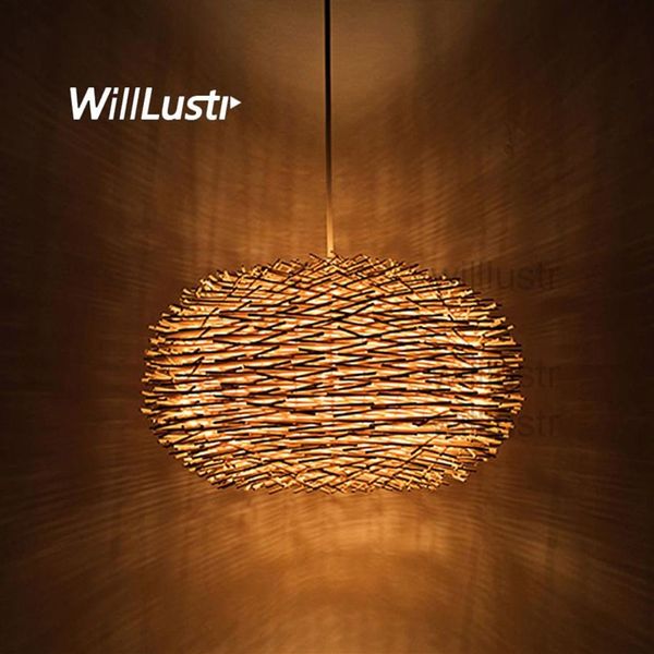 Willlustr lampe à suspension en osier fait à la main nid d'oiseau suspension lumière el restaurant centre commercial bar salon porche rotin suspendu chandelier271l