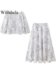 Willshela Women Fashion 2 Pieces Set imprimé Single Breasted Shirts Vintage Side Zipper Midi jupe féminine Chic Lady Jirts 240422