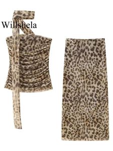 Willshela Women Fashion 2 -delige set tule luipaard geplooide tops vintage hoge taille midi rok vrouwelijke chique dame rokken 240429