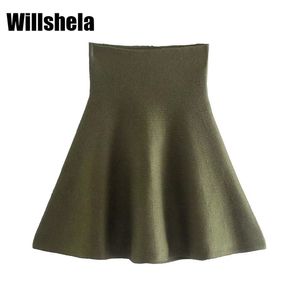 WillShela Dames Mode Gebreide Mini Rok High-Taille Elastische Taille Chic Lady Woman Vintage Casual Knit Korte Rokken 220317