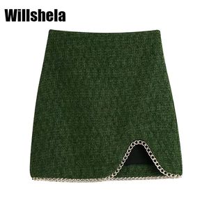 WillShela Dames Mode Mini Rok Met Ketting Detail High-Taille Voorste Slit Hem Invisible Back Rits Chic Lady Woman Short 220322