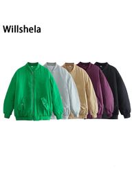 Willshela femmes mode surdimensionné Bomber vestes manteau avec poches avant fermeture éclair Vintage col rond manches longues femme Chic outwear 240110