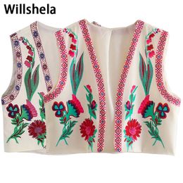 Willshela Women Fashion Position Floral Print Crop Vest Jacket Vintage Retro National Style Female Chic Lady Wailat Outfits 220719