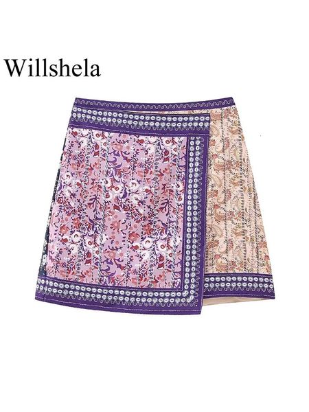 Willshela Women Fashion Printed Side Zipper Mini jupe vintage haute taille asymétrique féminine chic jupe 240419