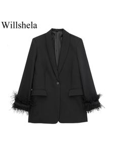 Willshela Damesmode Satijn Zwart Met Veren Blazer Jas Vintage Notched Hals Enkele Knop Lange Mouwen Vrouwelijke Outfits 240226