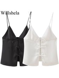 Willshela Women Fashion Solid Backless Bow Lace Up Camisole Vintage Thin Stracles V-Neck Femme Chic Lady Tops 240520